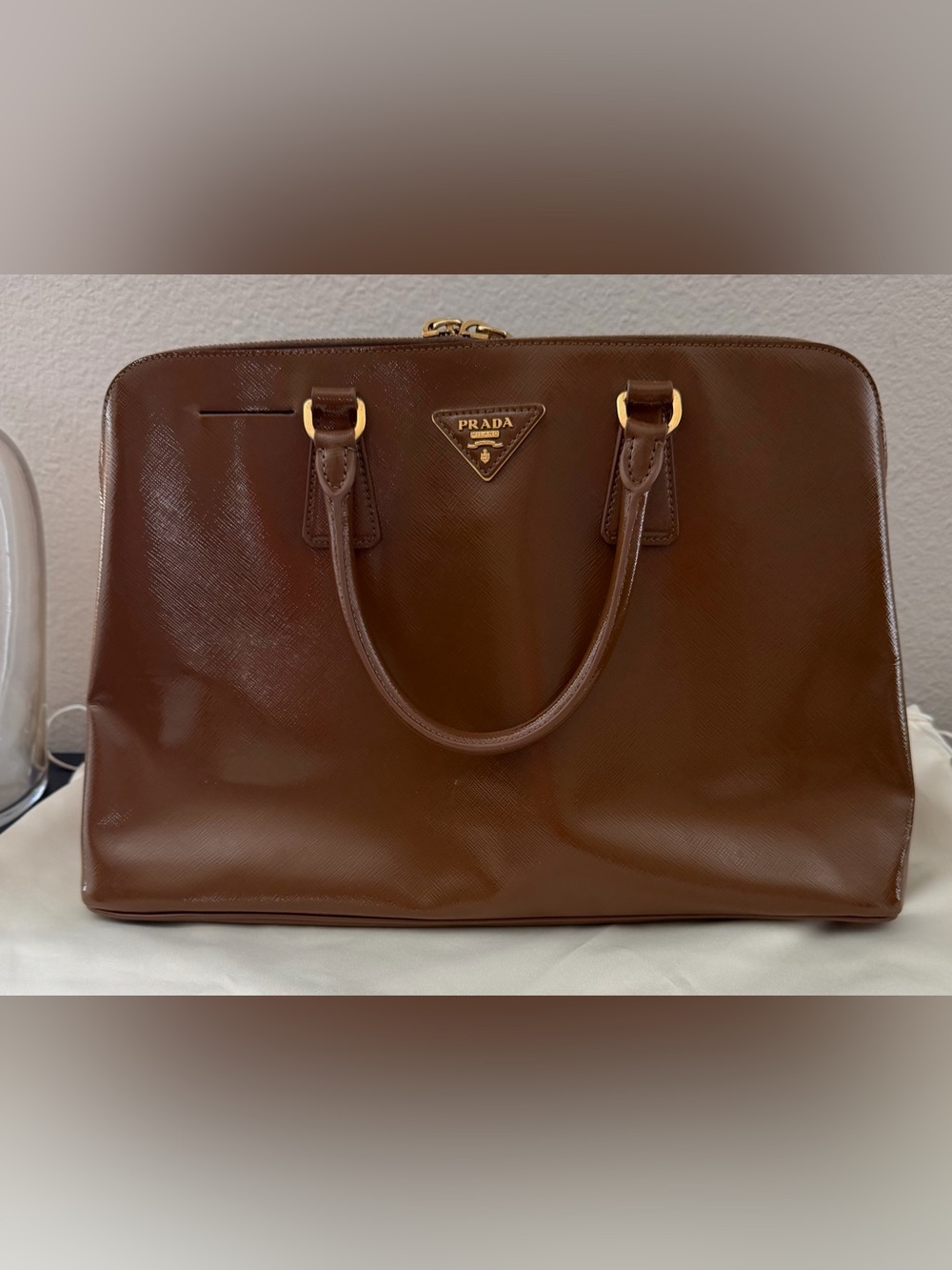 Prada Brown Glossy Leather Promenade Satchel Bag